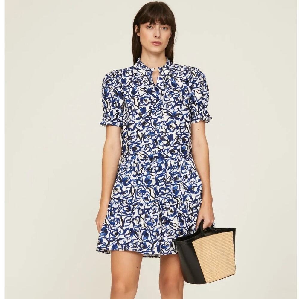 Apiece Apart Las Alturas Dress Floral Puff Sleeve Mini Blue White Womens Size M